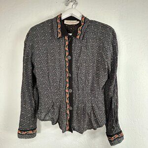 Vtg Marsha Brander Componix Women's Button Down Top 10 Long Sleeve Floral Black